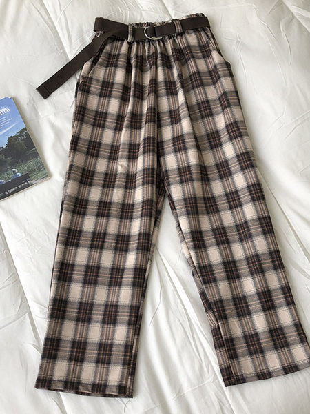 Кариран дамски панталон с колан и джобове