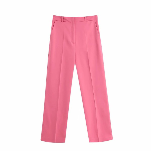 Pantaloni drepti eleganti de dama cu buzunare roz