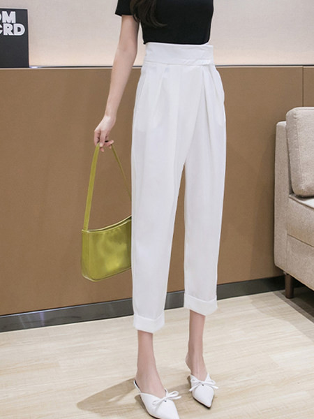 Модерен дамски панталон прав модел с висока талия и джобове