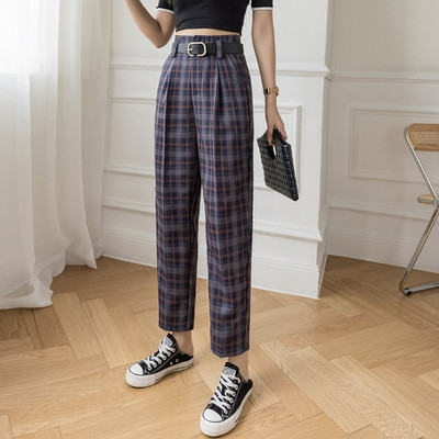 Дамски кариран панталон с колан в два цвята