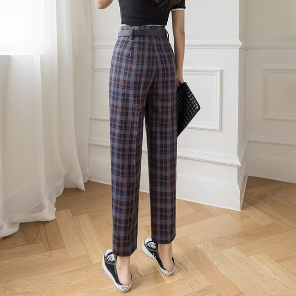 Дамски кариран панталон с колан в два цвята