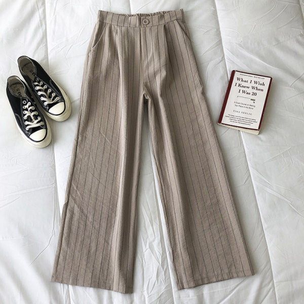 Pantaloni dama in dungi cu talie inalta - model drept