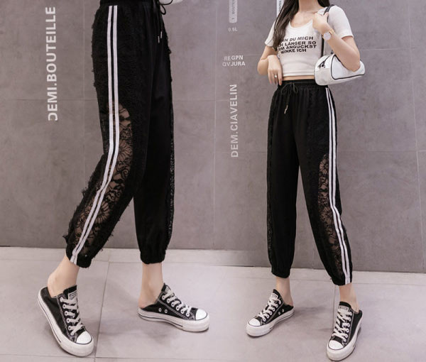 Pantaloni casual dama cu margini si dantela