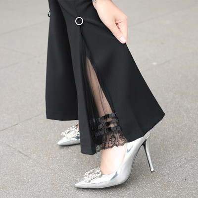 Модерен дамски панталон тип чарлстон с тюл в черен цвят