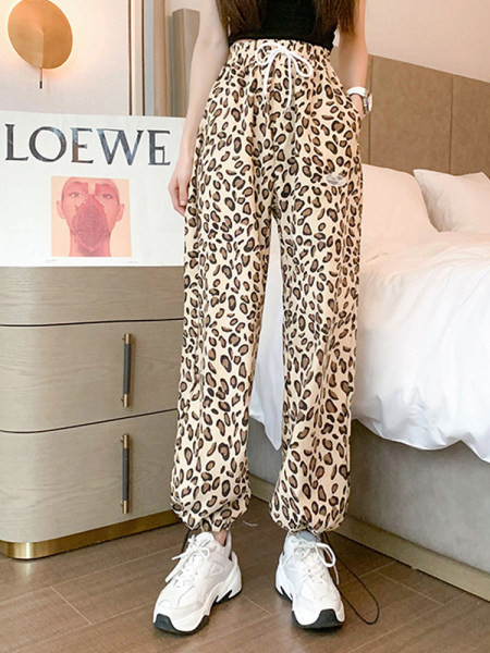 Pantaloni casual dama cu cravate si imprimeu animal