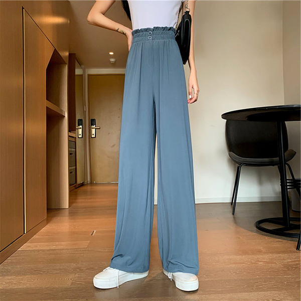 Pantaloni de dama din matase model lat cu elastic si nasturi