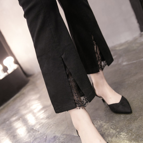 Дамски модерен панталон с дантела в черен цвят