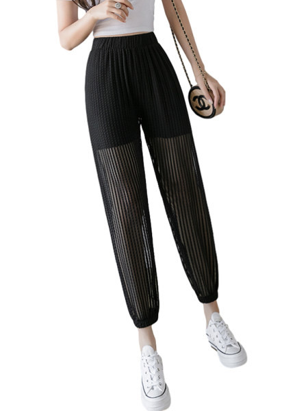 Pantaloni casual de vara de dama cu talie inalta in negru