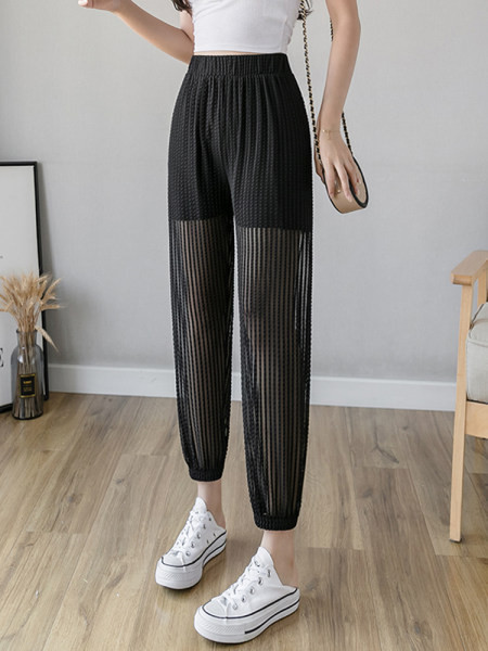 Pantaloni casual de vara de dama cu talie inalta in negru