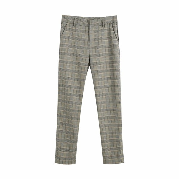 Ženske ravne karirane hlače sive boje