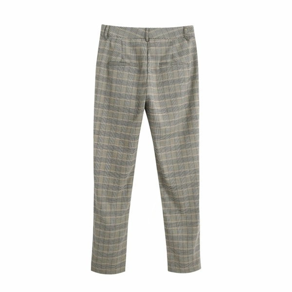 Ženske ravne karirane hlače sive boje