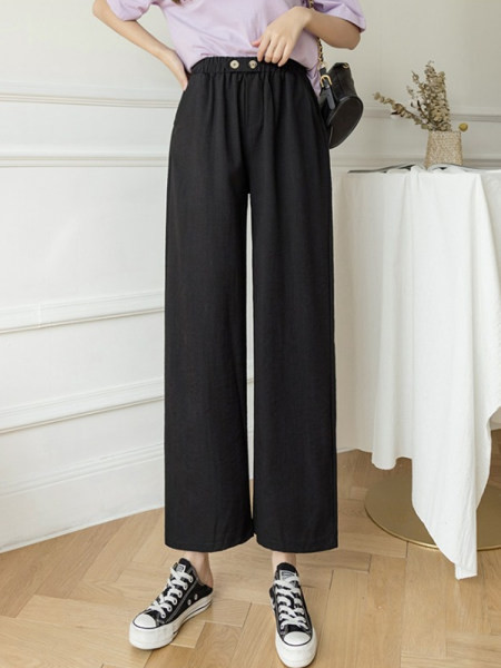 Дамски ленен панталон широк модел с копчета