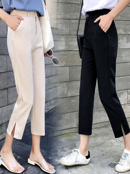 Pantaloni moderni de damă cu talie înaltă - negru și bej