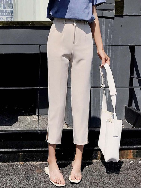 Pantaloni moderni de damă cu talie înaltă - negru și bej