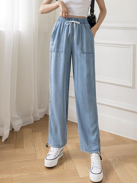 Дамски ежедневни панталони с връзки в син цвят