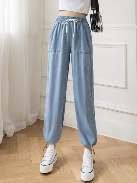 Pantaloni casual dama cu cravate in albastru