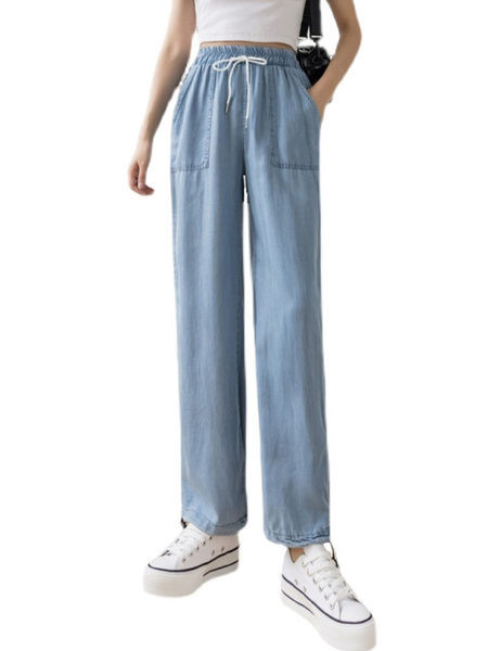 Pantaloni casual dama cu cravate in albastru