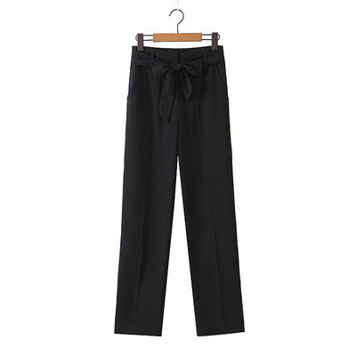 Дамски прав панталон с връзки на талията в черен цвят
