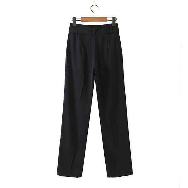 Pantaloni drepti de damă cu legături negre în talie