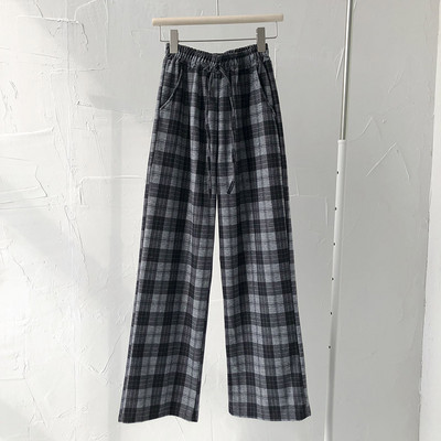 Кариран дамски широк панталон с висока талия