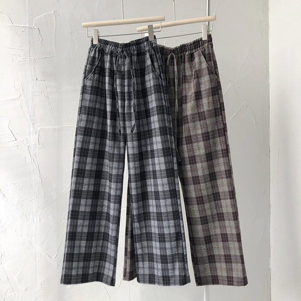 Кариран дамски широк панталон с висока талия