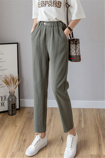 Laisvalaikio moteriškos kelnės – aukštu juosmeniu ir trijų spalvų kišenėmis