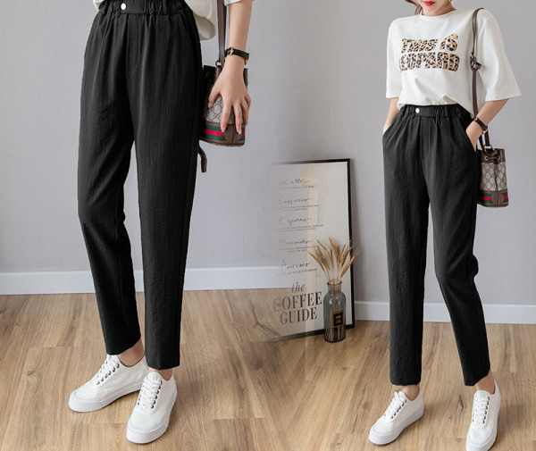 Laisvalaikio moteriškos kelnės – aukštu juosmeniu ir trijų spalvų kišenėmis