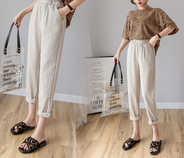 Laisvalaikio moteriškos kelnės – aukštu juosmeniu ir trijų spalvų kišenėmis