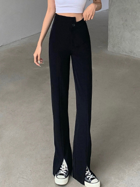 Pantaloni lungi de damă la modă cu fante în negru