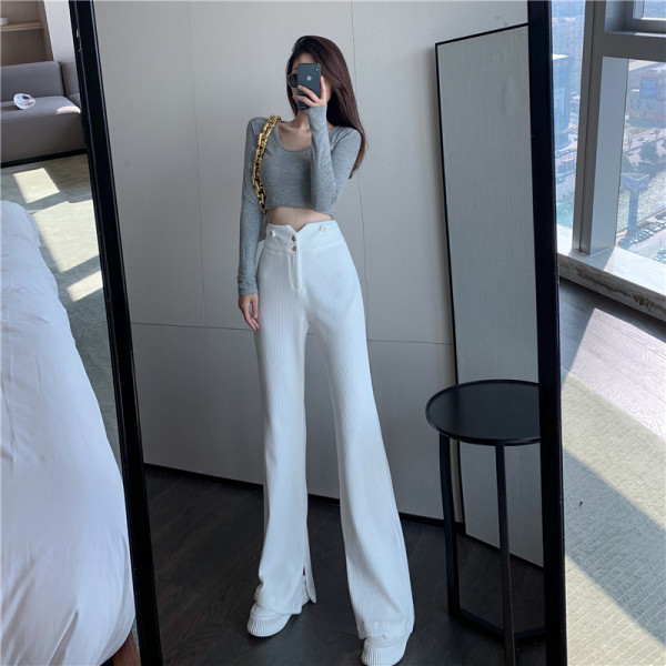 Pantaloni de dama cu talie inalta si nasturi - in doua culori