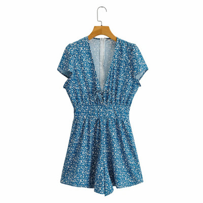 Salopetă scurtă de damă cu model floral și decolteu spitz