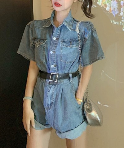 Salopeta de dama scurta model nou cu maneci scurte din denim