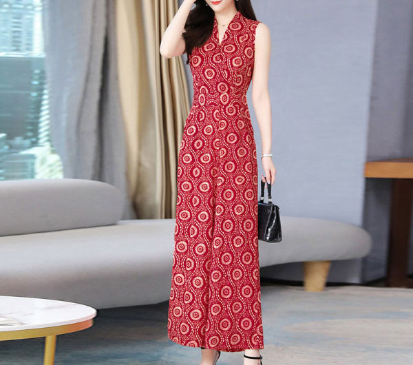 Salopetă colorată din șifon de damă, cu decolteu spitz