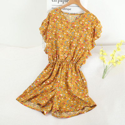 Γυναικεία κοντή ολόσωμη φόρμα με λουλουδάτο μοτίβο και ελαστική μέση