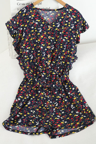 Γυναικεία κοντή ολόσωμη φόρμα με λουλουδάτο μοτίβο και ελαστική μέση