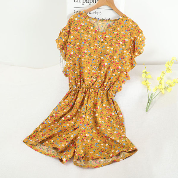 Γυναικεία κοντή ολόσωμη φόρμα με λουλουδάτο μοτίβο και ελαστική μέση