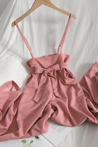 Salopeta lunga de dama cu panglica si bretele subtiri