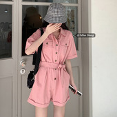 Salopeta scurta de dama cu nasturi si centura in talie