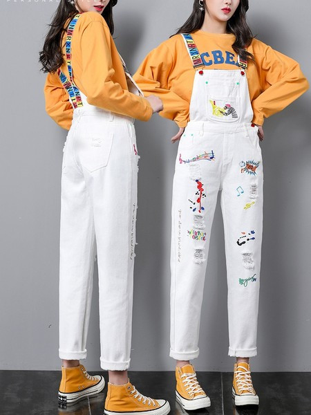 Salopeta casual dama cu bretele colorate si broderie