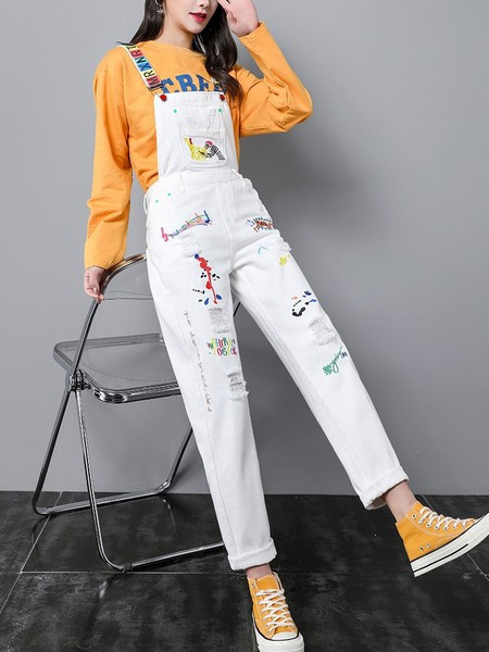 Salopeta casual dama cu bretele colorate si broderie