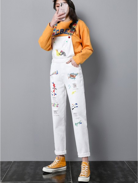 Salopeta casual dama cu bretele colorate si broderie