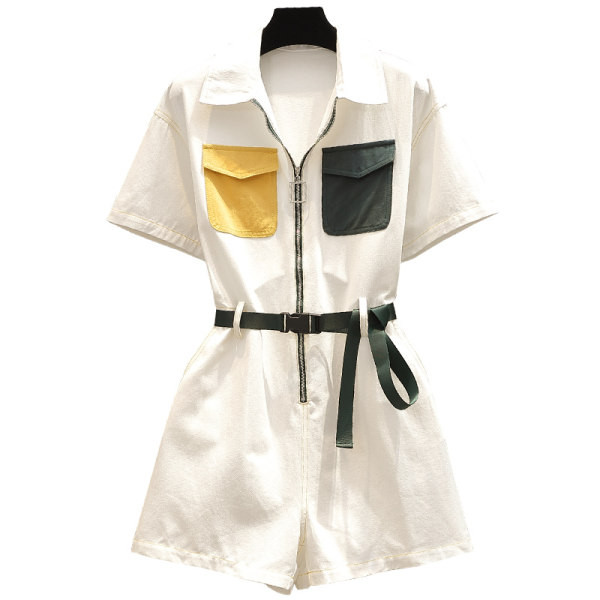 Γυναικεία κοντή ολόσωμη  φόρμα με φερμουάρ και ζώνη  στη μέσης