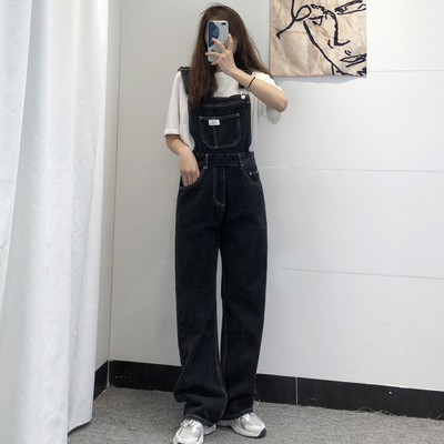 Salopetă casual de damă cu buzunare în albastru și negru