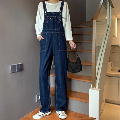 Salopeta de dama lunga din denim de culoare albastru inchis