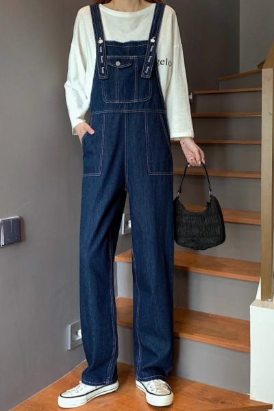 Salopeta de dama lunga din denim de culoare albastru inchis