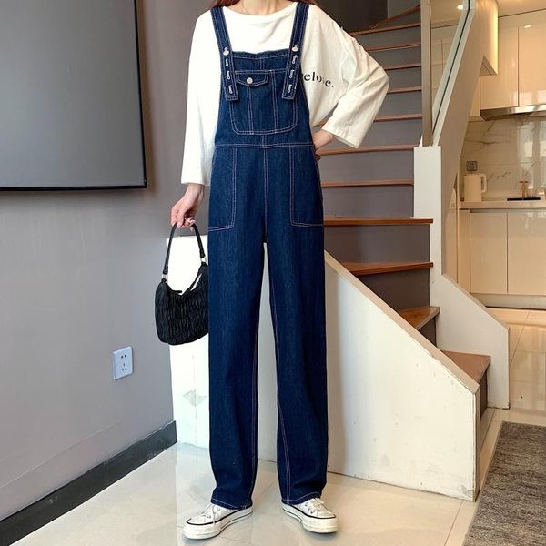 Salopeta de dama lunga din denim de culoare albastru inchis