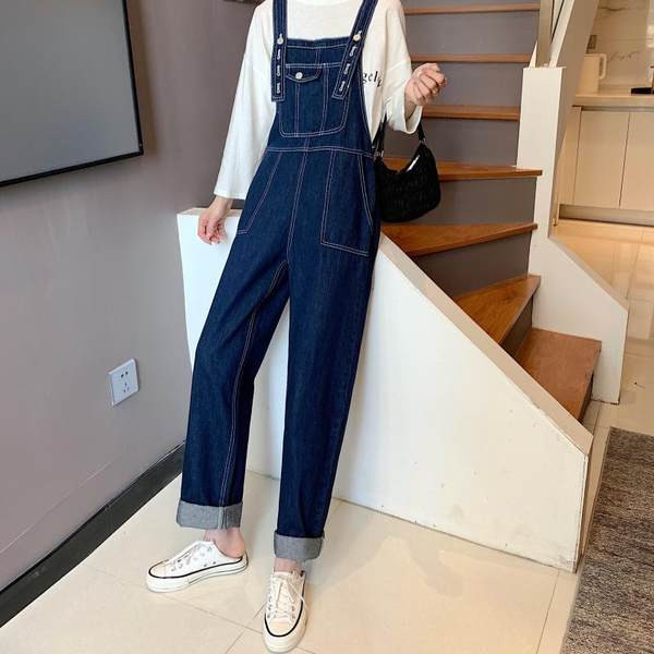 Salopeta de dama lunga din denim de culoare albastru inchis