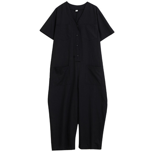 Γυναικεία μοντέρνα μονόχρωμη  ολόσωμη φόρμα με κοντά μανίκια και τσέπες