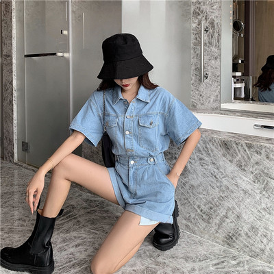 Trumpi moteriški džinsiniai kombinezonai su sagomis