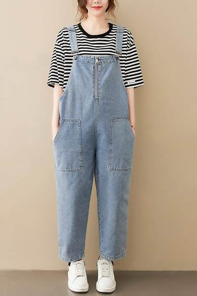 Salopeta de dama din denim cu fermoar si buzunare